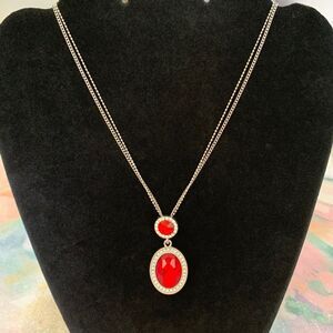 Paparazzi Silver Tone Red Rhinestone Pendant Necklace Double Chain Jewelry